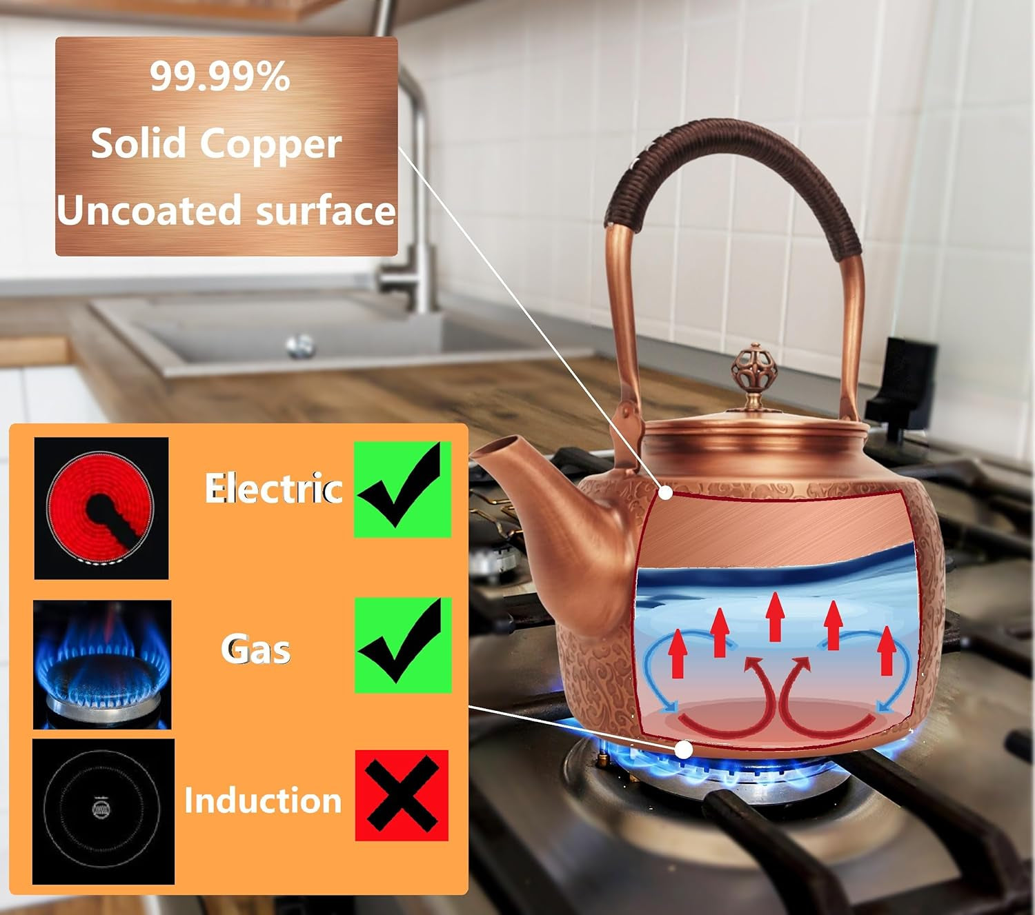 Pure Copper Kettle Copper Teapot for Stovetop 1600Ml (Type4)