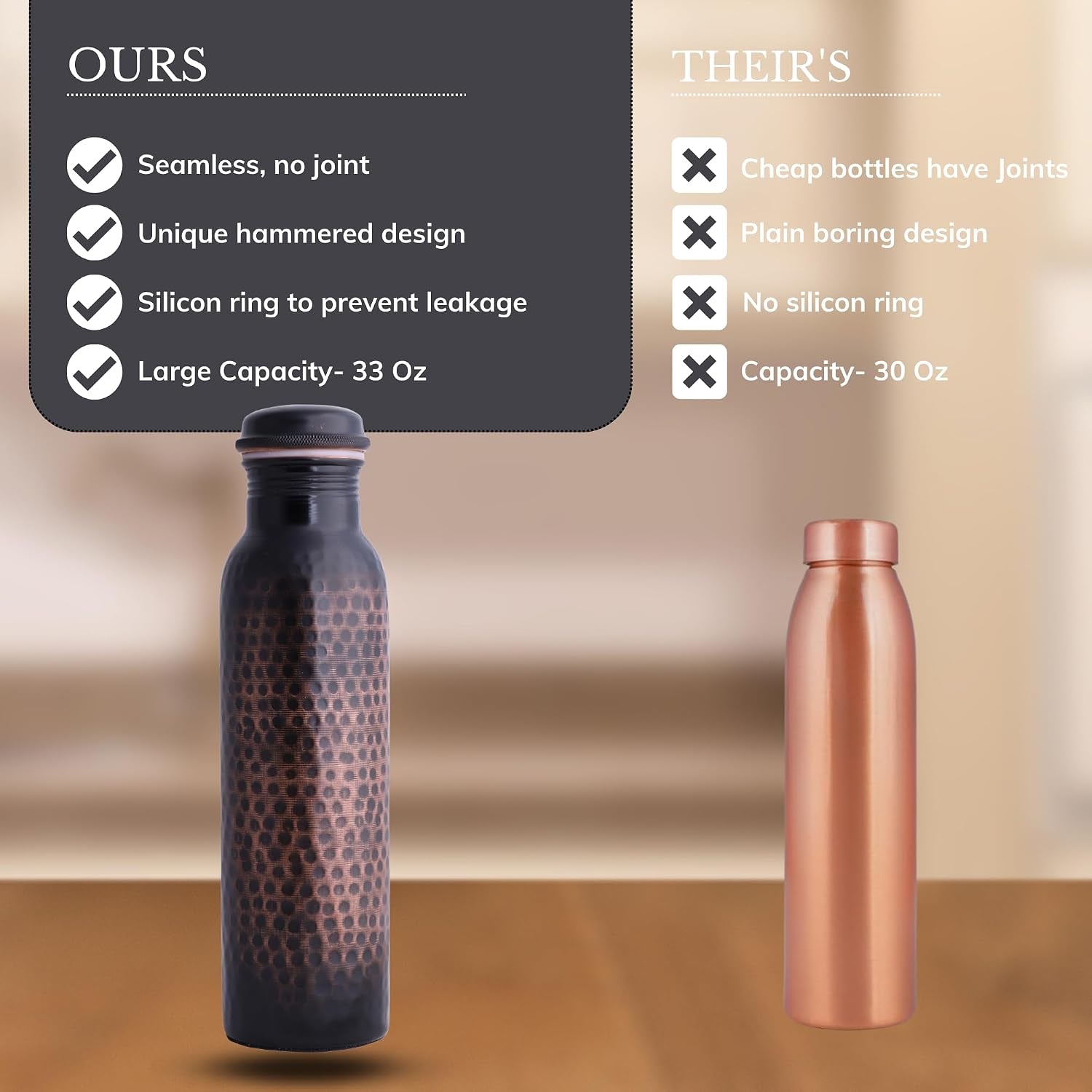 Copper Water Bottles for Drinking Water for Men Women - Pure Copper Ayurvedic Water Bottle Drinking Jug - Copper Vessel Dispenser - 33 Ounces