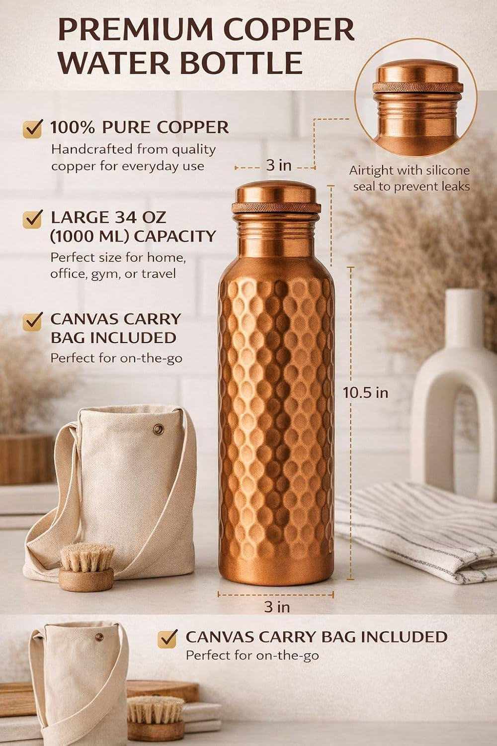 100% Pure Copper Water Bottle with Carrying Canvas Bag|Lab-Tested|34 OZ Leakproof, Handcrafted Ayurvedic Copper Vessel for Health, Pure Copper Water Bottle for Drinking (Copper Bottle with Bag)