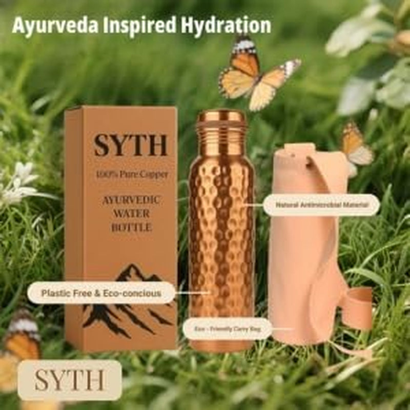 100% Pure Copper Water Bottle with Carrying Canvas Bag|Lab-Tested|34 OZ Leakproof, Handcrafted Ayurvedic Copper Vessel for Health, Pure Copper Water Bottle for Drinking (Copper Bottle with Bag)