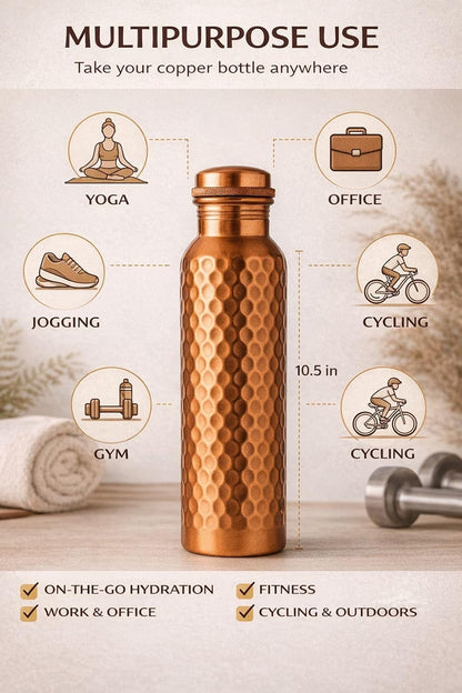 100% Pure Copper Water Bottle with Carrying Canvas Bag|Lab-Tested|34 OZ Leakproof, Handcrafted Ayurvedic Copper Vessel for Health, Pure Copper Water Bottle for Drinking (Copper Bottle with Bag)