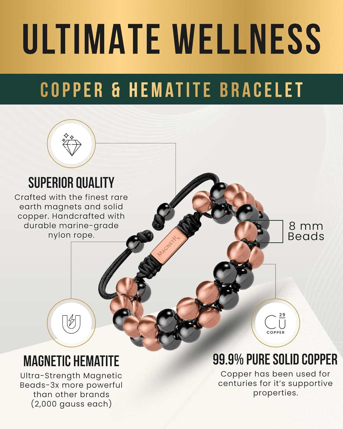 ® Magnetic Bracelets for Men & Women – MAX Strength Magnetic Hematite & Copper Bracelet with 8Mm Solid Copper Beads (Double Copper)