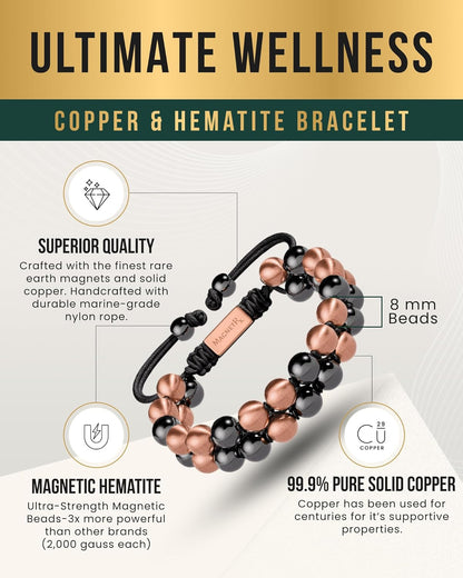 ® Magnetic Bracelets for Men & Women – MAX Strength Magnetic Hematite & Copper Bracelet with 8Mm Solid Copper Beads (Double Copper)