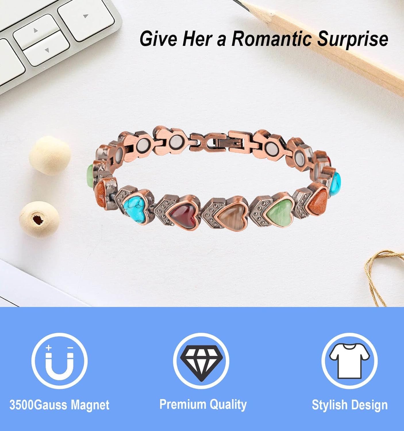 Copper Bracelet for Women, Magnetic Copper Bracelets, Magnetic Turquoise Copper Bracelets with Adjust Tool