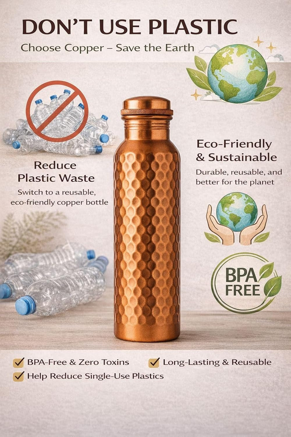 100% Pure Copper Water Bottle with Carrying Canvas Bag|Lab-Tested|34 OZ Leakproof, Handcrafted Ayurvedic Copper Vessel for Health, Pure Copper Water Bottle for Drinking (Copper Bottle with Bag)